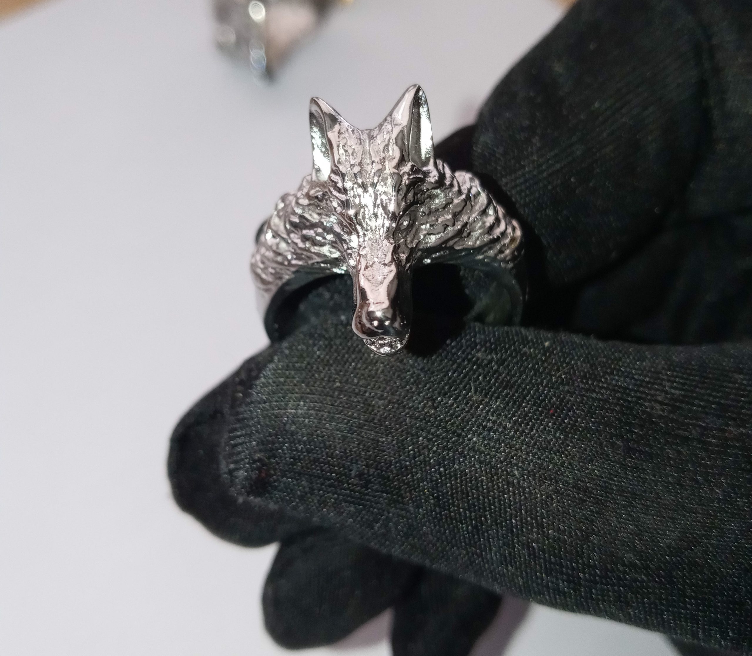 Silver wolf ring with menorahs