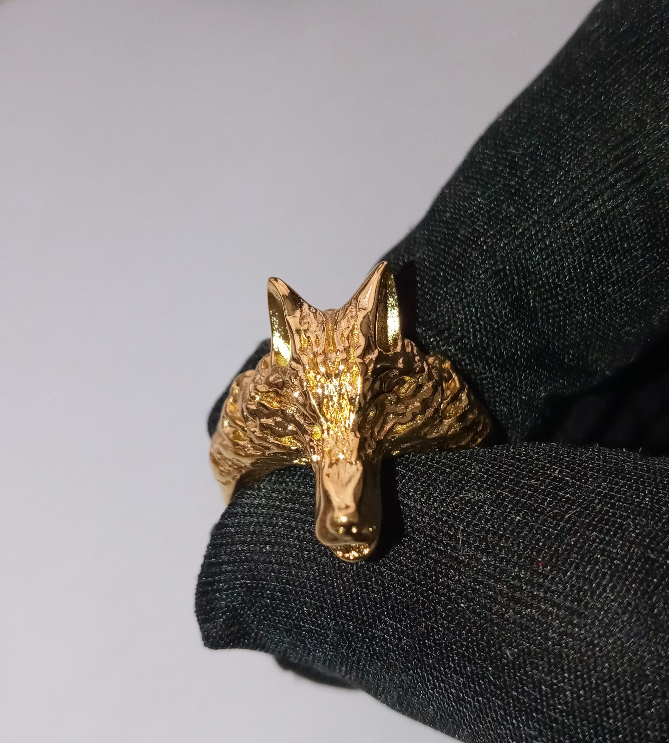 Gold wolf ring with menorahs